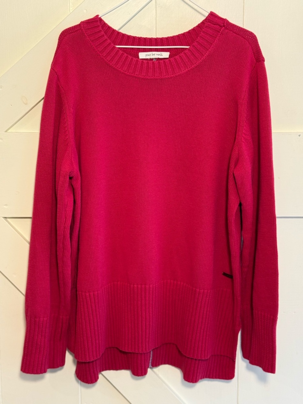 Peace Love World Hot Pink Ribbed Knit Crewneck Sweater